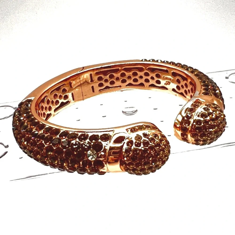 Joan Boyce‎ Hinged Bangle Bracelet Rose Gold Tone Purple Pave Rhinestones READ